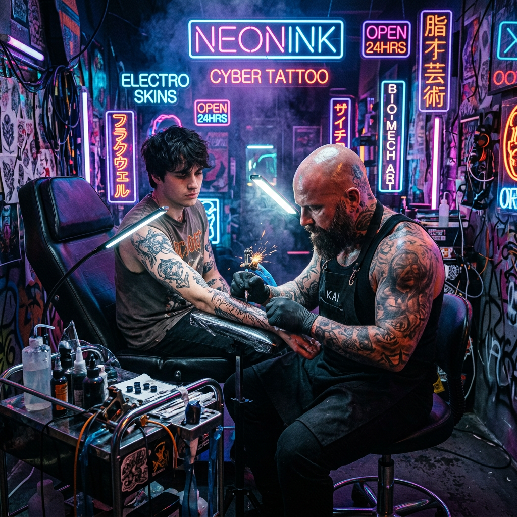 Tattoo artist tattooing young man in neon cyber tattoo studio
